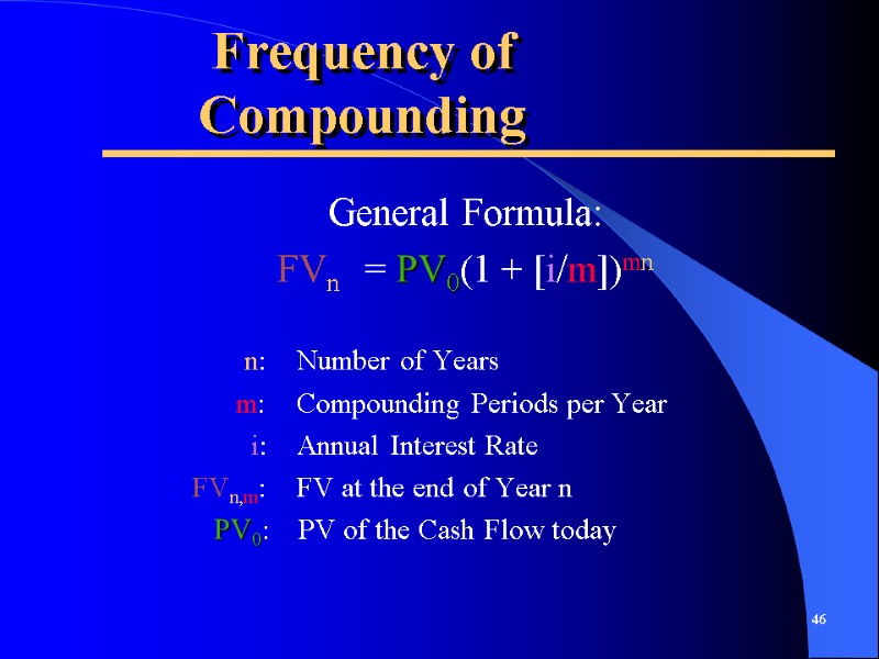 Frequency of Compounding General Formula: FVn = PV0(1 + [i/m])mn    